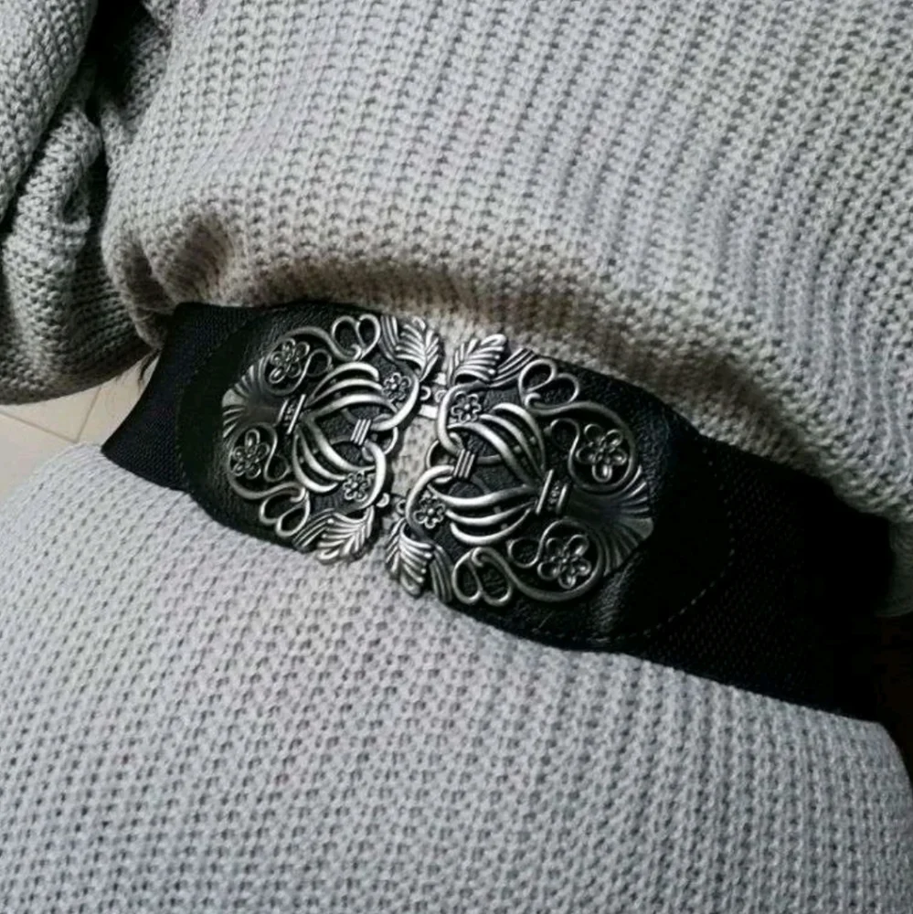 Black floral buckle corset boho elastic wide waist goth party dress belt - Picture 7 of 16